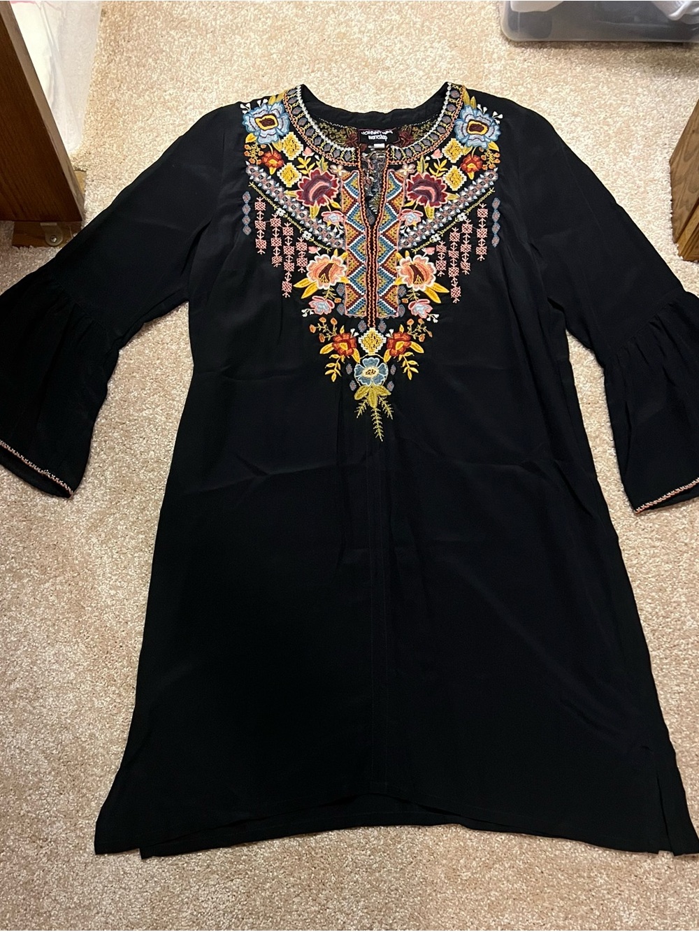 Johnny Was Workshop Black Embroidered Boho Tunic dress with Colorful Floral Yoke